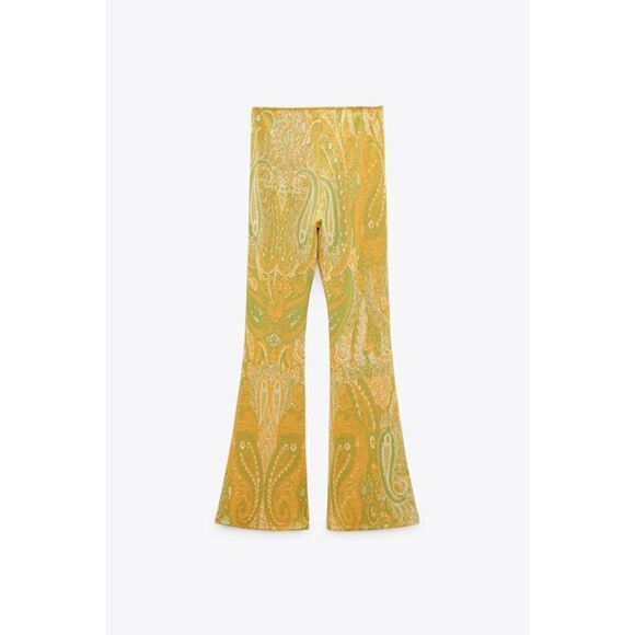 NWT Zara Yellow & Green Jacquard High Waisted Pull On Flare Pants, Size Medium - Picture 10 of 16